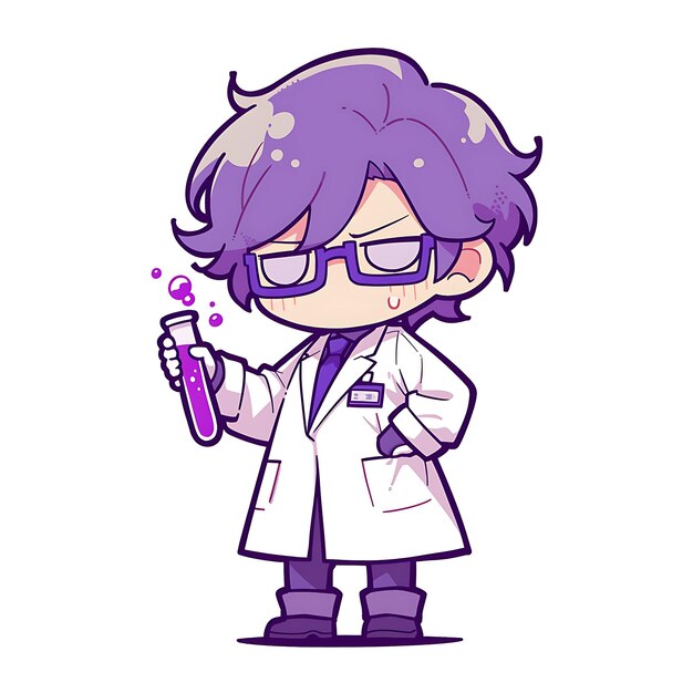 Eccentric Scientist in Purple and White Wedding Lab Coat Cha Sticker Isolated Cute Kawaii Anime Art