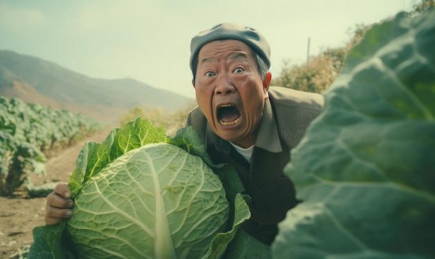 Eccentric senior man poised to bite a stolen cabbage humorous and quirky AI Generative