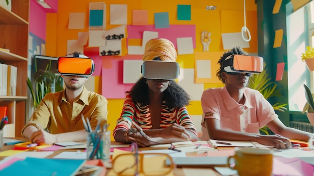 Foto un eccentrico team di designer che indossano cuffie di realtà virtuale che creano il futuro degli affari in uno studio creativo colorato