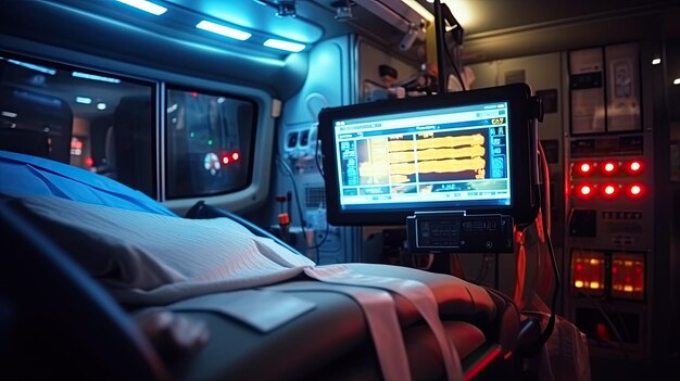 Foto un monitor ecg in un'ambulanza con paramedici che assistono un paziente sulla strada per l'ospedale che evidenzia il ruolo critico degli ecg nelle cure di emergenza