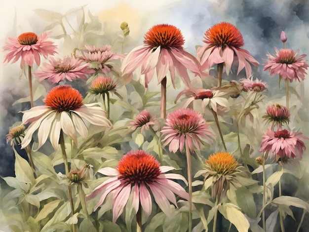 Echinacea coneflowers in the garden soft focus