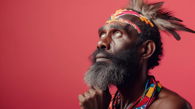 Echo's van berouw Aboriginal Australische man die berouw en berouw overbrengt geïsoleerd tegen een solide achtergrond met kopieerruimte