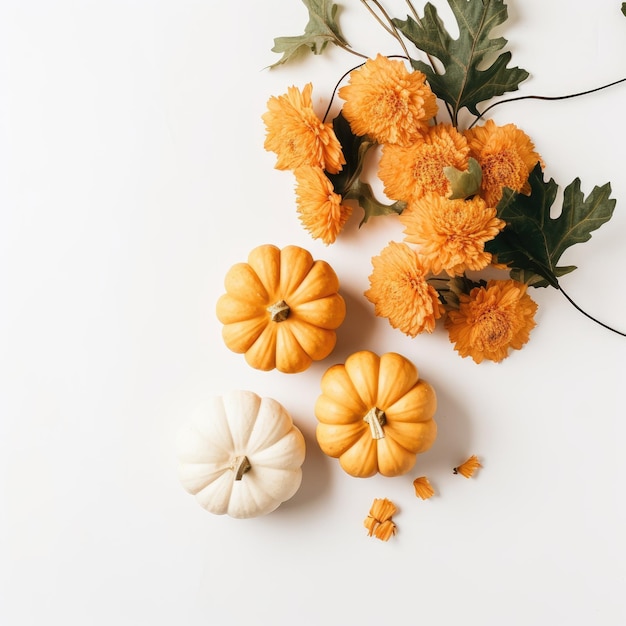 Echoes of Autumn Mesmerizing Pumpkin and Fall Flower Photography from Overhead on a Vibrant White B