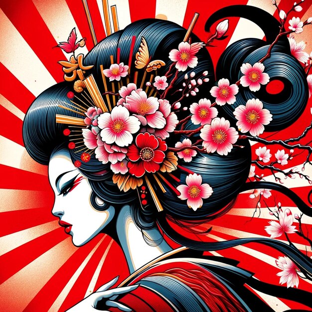 Foto echi di eleganza, geisha, grazia tra i fiori di ciliegio e il sole che sorge.