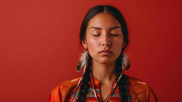 Эхо сожаления коренной американской женщины, изображающей раскаяние, изолированное на твердом фоне с пространством для копирования