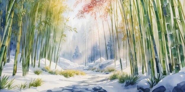 Echoes of Winter Anji Bamboo Forest Christmas Card in Watercolor