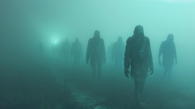 Echoing Souls Haunting melodies ghostly figures dancing in the fog lost souls seeking solace eerie Silhouette Lighting