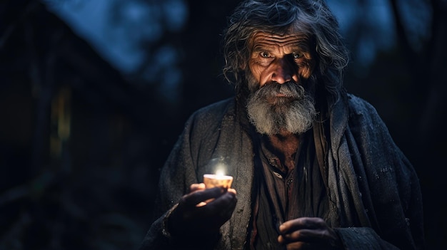 Echte foto oude man houdt een licht in hun handen in het nachtelijke dorpsbos