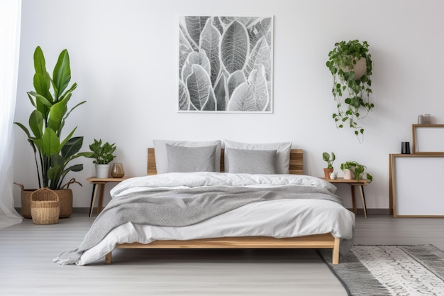 Echte foto van een grijze slaapkamer met een deken met patroon op een houten bed, planten en posters