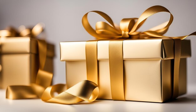 Echte gouden cadeafoto met gouden lint op blanco witte achtergrond Kenmerkende cadeau dozen Geschenk doos set