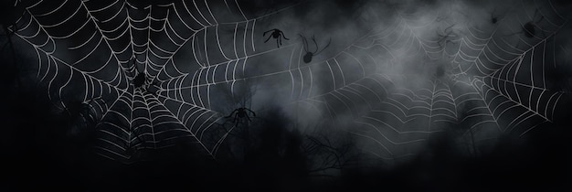 Echte griezelige spinnenwebben silhouet geïsoleerd op zwarte banner panorama Halloween achtergrond sjabloon