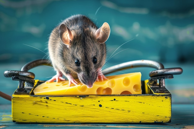 Echte muis in een overgrote muisval met kaas.