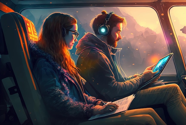 Echtpaar met behulp van een tablet-computer in het voertuig tijdens het reizen