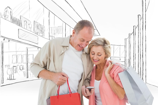 Echtpaar met boodschappentassen en smartphone tegen schetsontwerp van een winkelcentrum