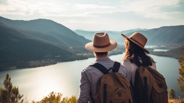 Echtpaar met een hoed en rugzak kijkend naar de bergen en het meer vanaf de top van een berg in het zonlicht met uitzicht op de bergen