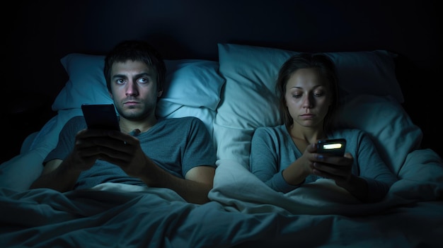 Echtpaar met smartphones in hun bed Verslaving aan mobiele telefoons Verveeld afstandelijk stel dat negeert