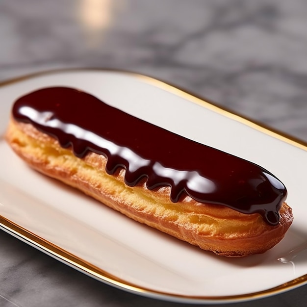 Foto un eclair la sua forma allungata elegantemente tubata con una ganache di cioccolato liscia e lucida