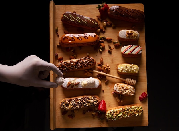 eclair sweets   decorated  different flavor 