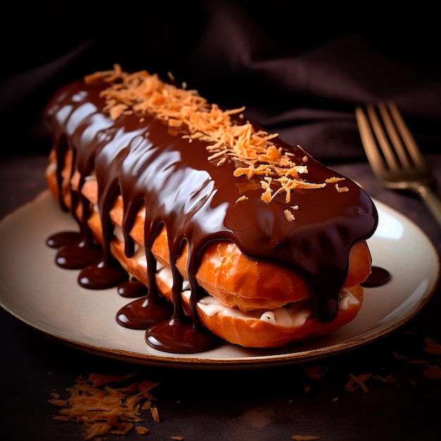 Eclair with chocolate glaze on a plate on a black isolated background