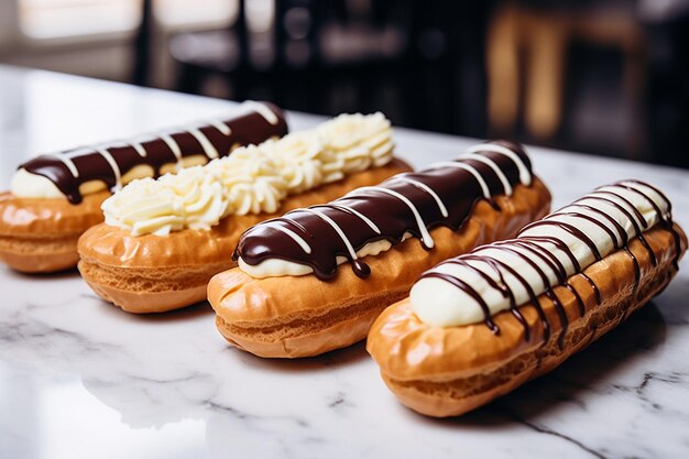 Foto eclairs geserveerd met een vleugje eetbare gouden vlokken voor een luxe touch