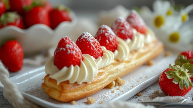 Eclairs met slagroom en aardbeien