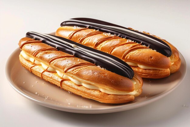 Eclairs or profiteroles with black chocolate and white chocolate with custard inside ar c