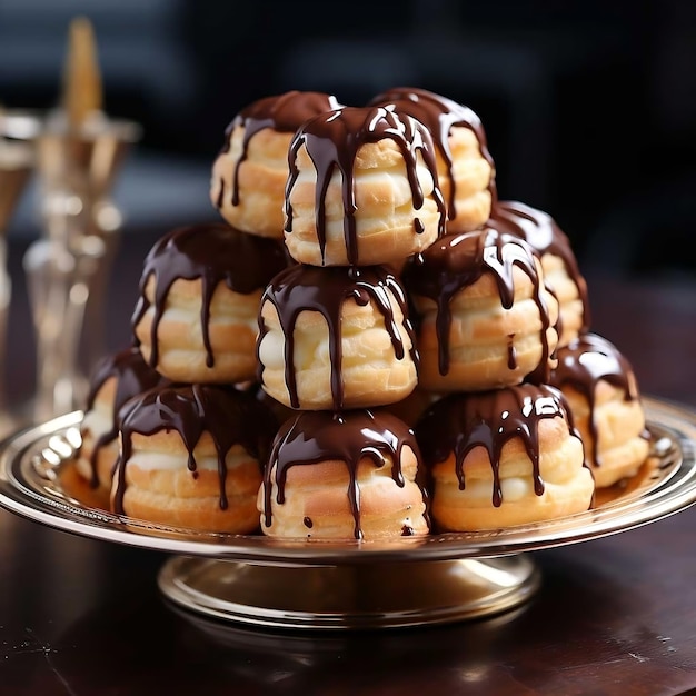 Eclairs with chocolate glaze and coffee beans on wooden background