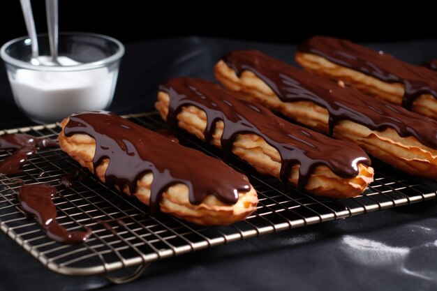 Foto eclair con glassa di cioccolato lucida su un tavolo di alluminio spazzolato