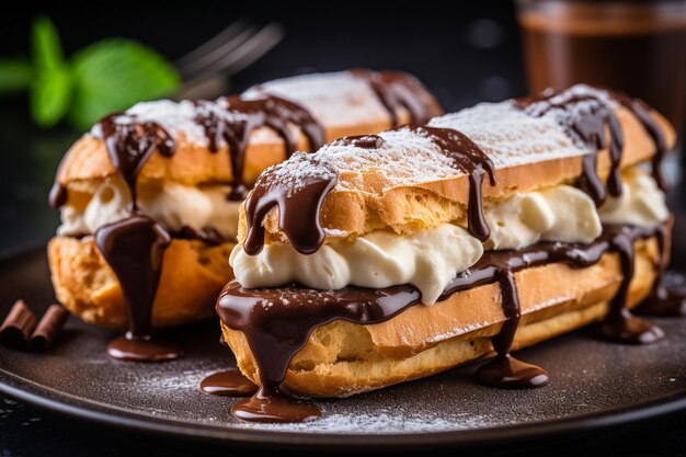 Photo eclairs with a slice of tiramisu