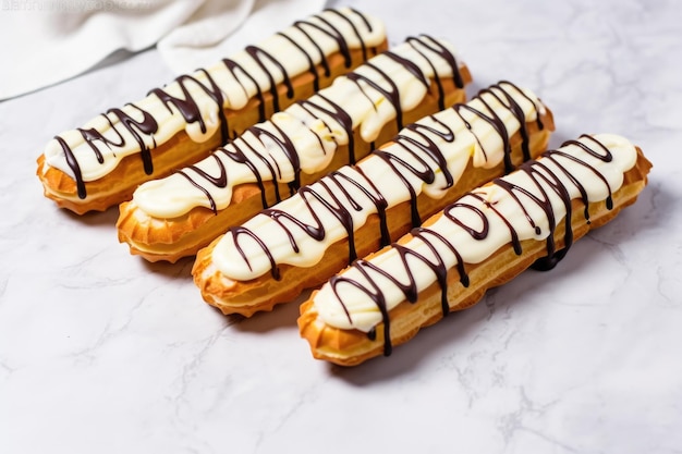 Foto eclair con glassa al cioccolato bianco su un ripiano in marmo