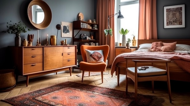 An eclectic bedroom with a mismatched collection of furniture including a vintagestyle armchair and a midcentury nightstand Generative AI technology