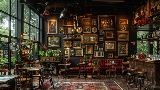 Eclectic bistro with mismatched furniture and a collection of art