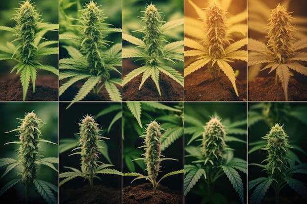 Foto un collage eclettico con un medley di tipi di marijuana che cattura la ricchezza e la varietà all'interno del regno della cannabis