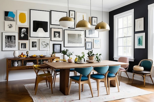Photo eclectic dining room with mismatched chairs and a gallery wall