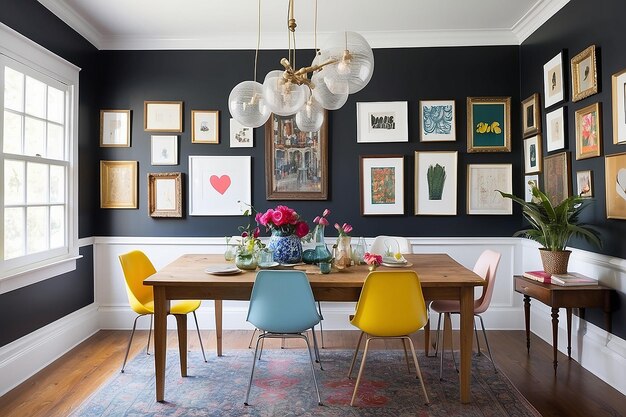 Photo eclectic dining room with mismatched chairs and a gallery wall