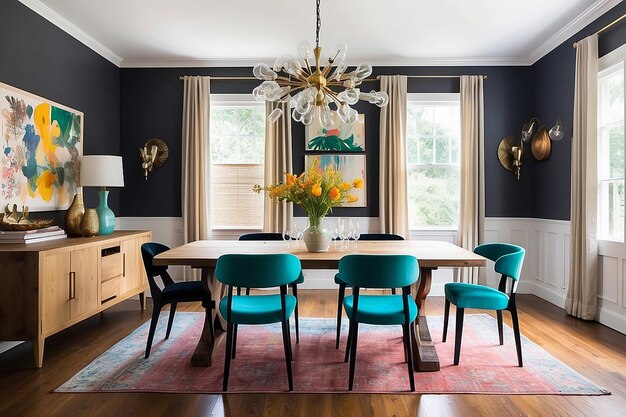 Photo eclectic dining room with mismatched chairs and a statement chandelier