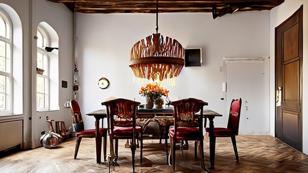 Eclectic dining room with mismatched chairs and a statement chandelier