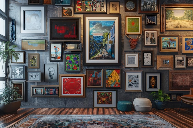 Eclectic gallery wall showcasing diverse artwork a