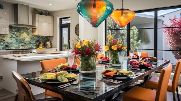 An eclectic kitchen table showcasing a mix of textures and colors