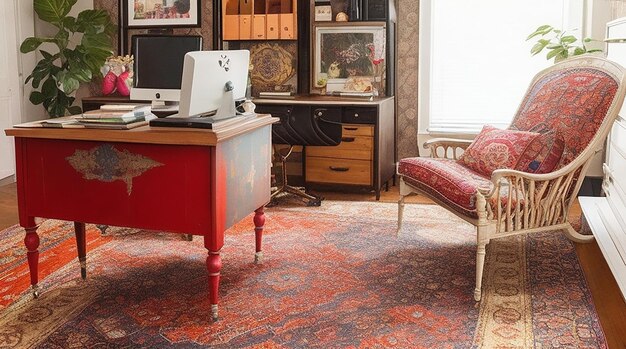 An eclectic office space with a unique vintage desk and a vibrant patterned rug