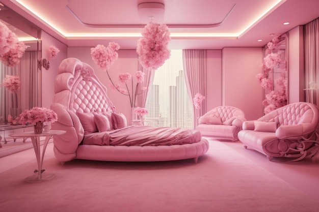 Photo eclectic pink flamingo themed room with furniture generate ai