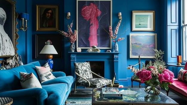 Eclectisch interieur in de klassieke blauwe kleur Ai Generative