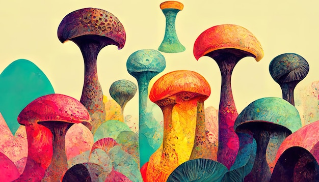 Eclectisch paddenstoelenbeeld abstract beeld in pastel neonkleuren dromerige abstracte paddenstoel Generatieve Ai