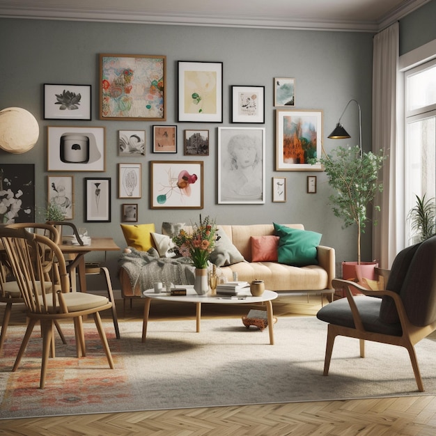 Eclectische woonkamer met vintage en modern meubilair en galerijwandmodel