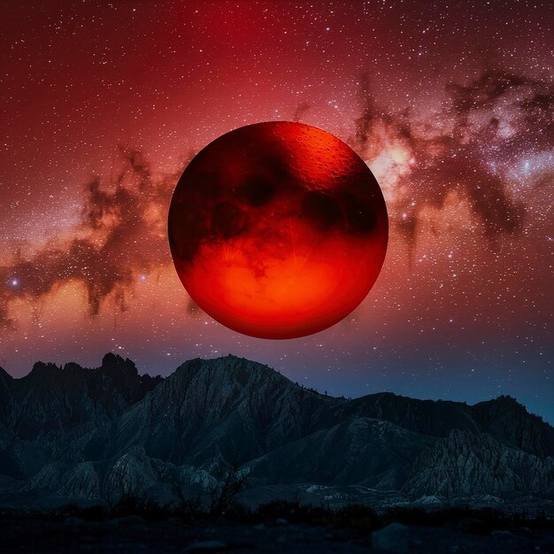 Foto eclissi della luna rossa e della via lattea