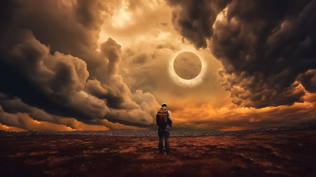 Photo eclipse's embrace astronaut's artistic gaze at solar eclipse with mammatus cloud embracing the win