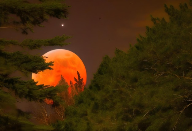 Photo eclipsed moon through the trees