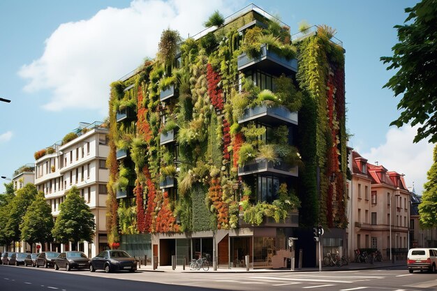 Eco architecture green cafe buildings with hydroponic plants on the facade