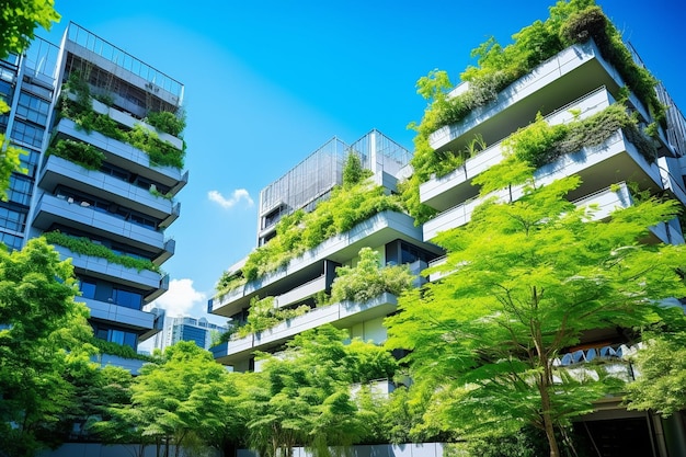 친환경 건축: 녹색 나무와 아파트 건물, 자연과 현대의 조화