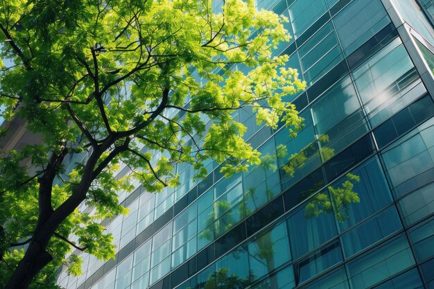 Foto eco-architectuur groene boom en glazen kantoorgebouw